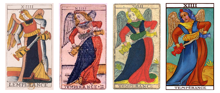 Four versions of the Temperance trump from the Tarot de Marseille